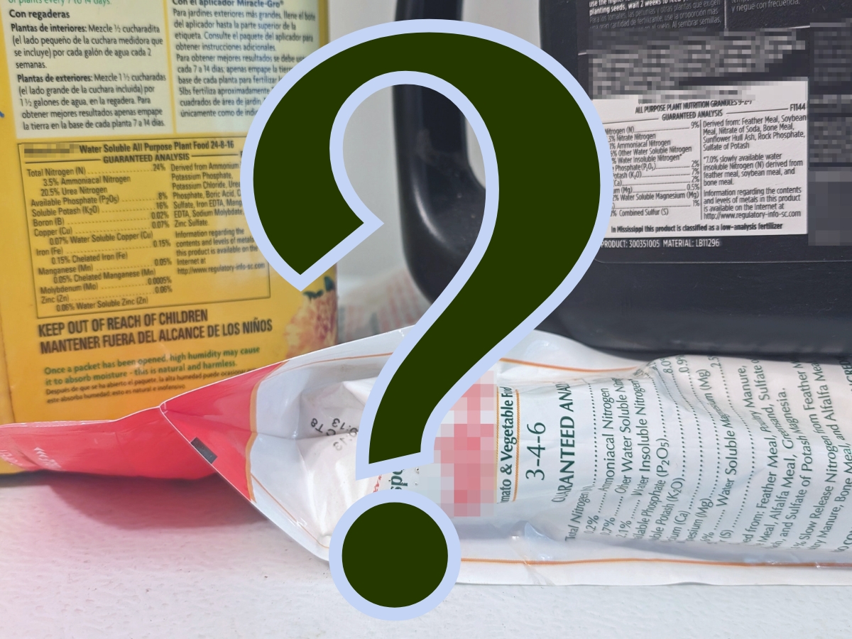 Three fertilizers showing their labels overlayed with a question mark. - EastbornGardens.com
